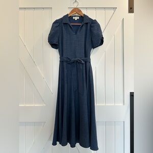 Navy Puff-Sleeve Tie-Waist Midi Dress